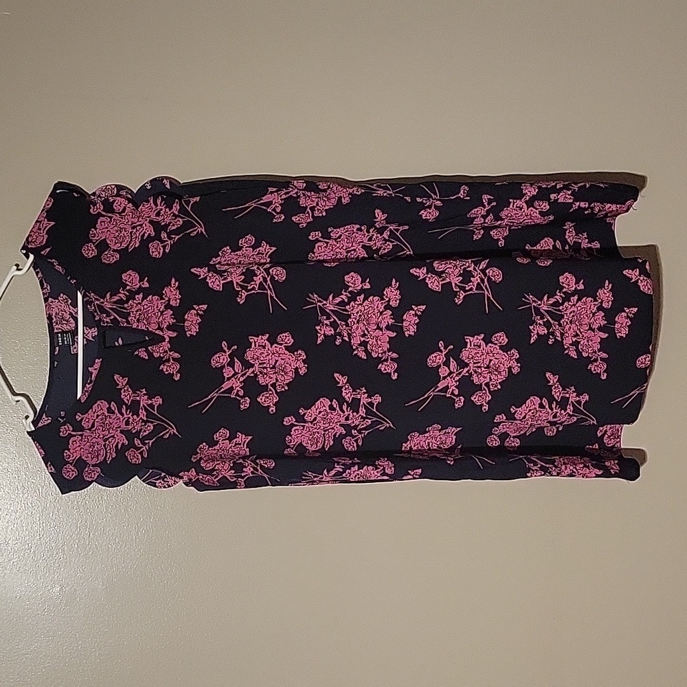 SHEIN Clasi Keyhole Neck Scallop Trim Floral Print Dress Black/Pink Womens Sz L